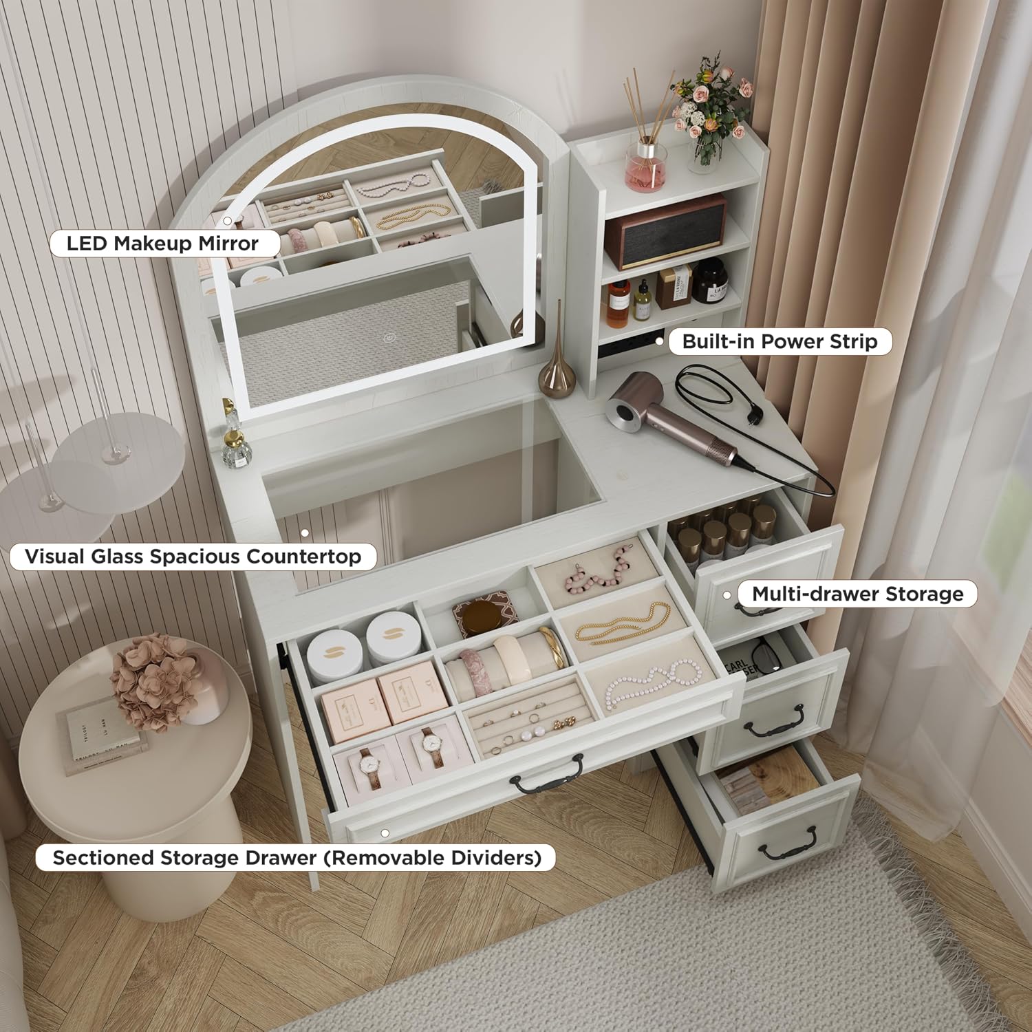 현대적인 화장대(조명 거울, 유리 상판, 4개의 서랍  - Home Outlet Bathroom 리뷰 및 가격